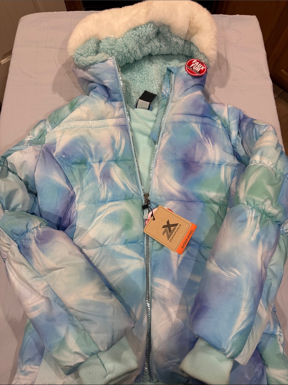 ZeroXposur Girls Pastel Blue Multi Faux-Fur Hooded Puffer Jacket